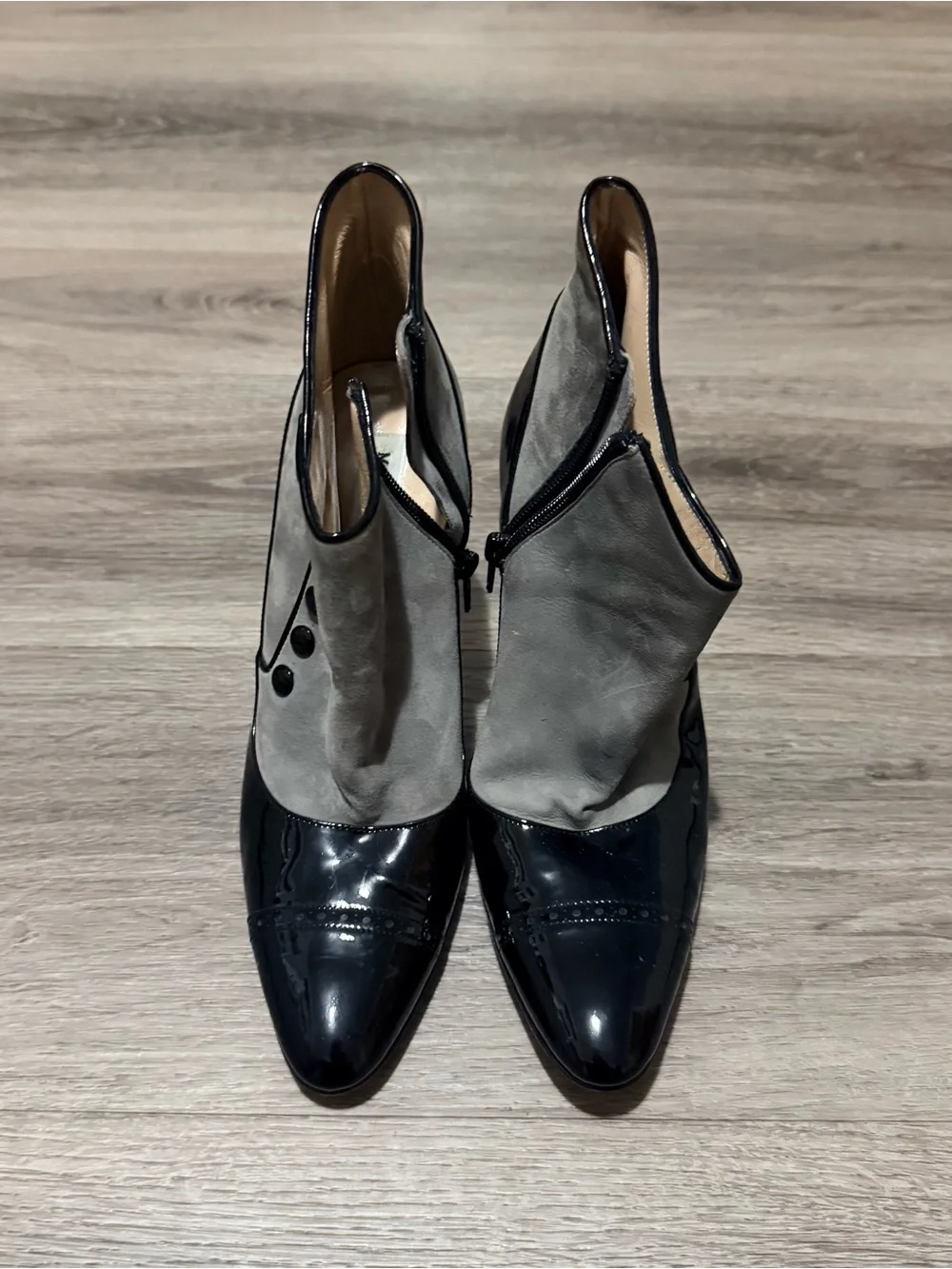 Manolo Blahnik Black Patent and Gray Suede Ankle Booties